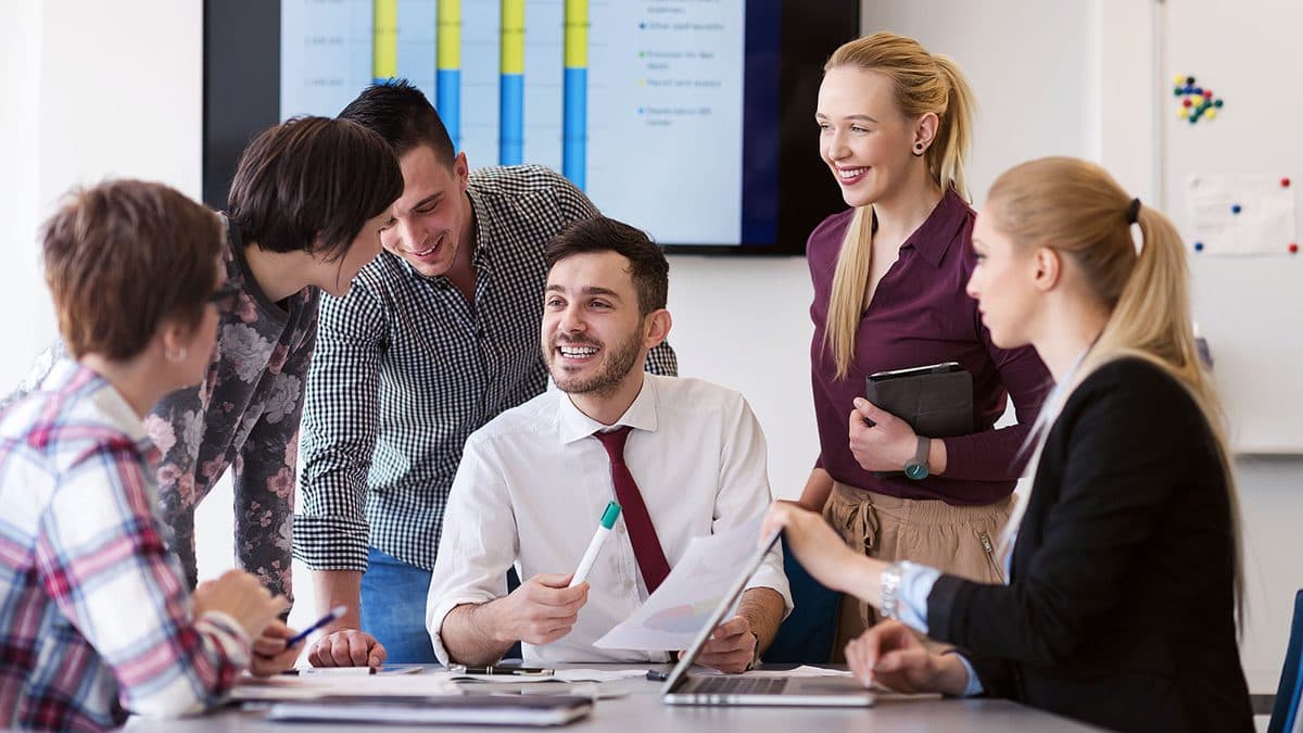 Development team reviewing work together