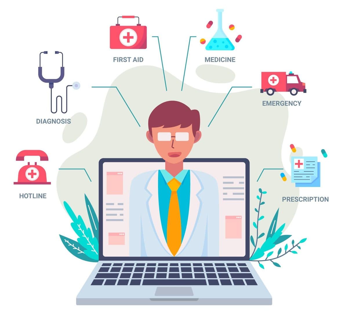 Illustration of a doctor on a laptop surrounded by healthcare service icons