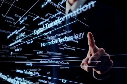 Hand pointing at digital transformation words on a screen
