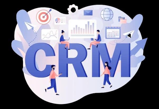 CRM illustration with marketing, sales and analytics icons