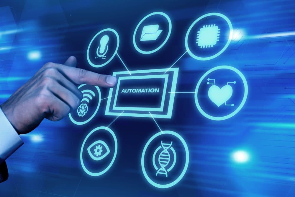 Hand selecting automation icons on a digital screen